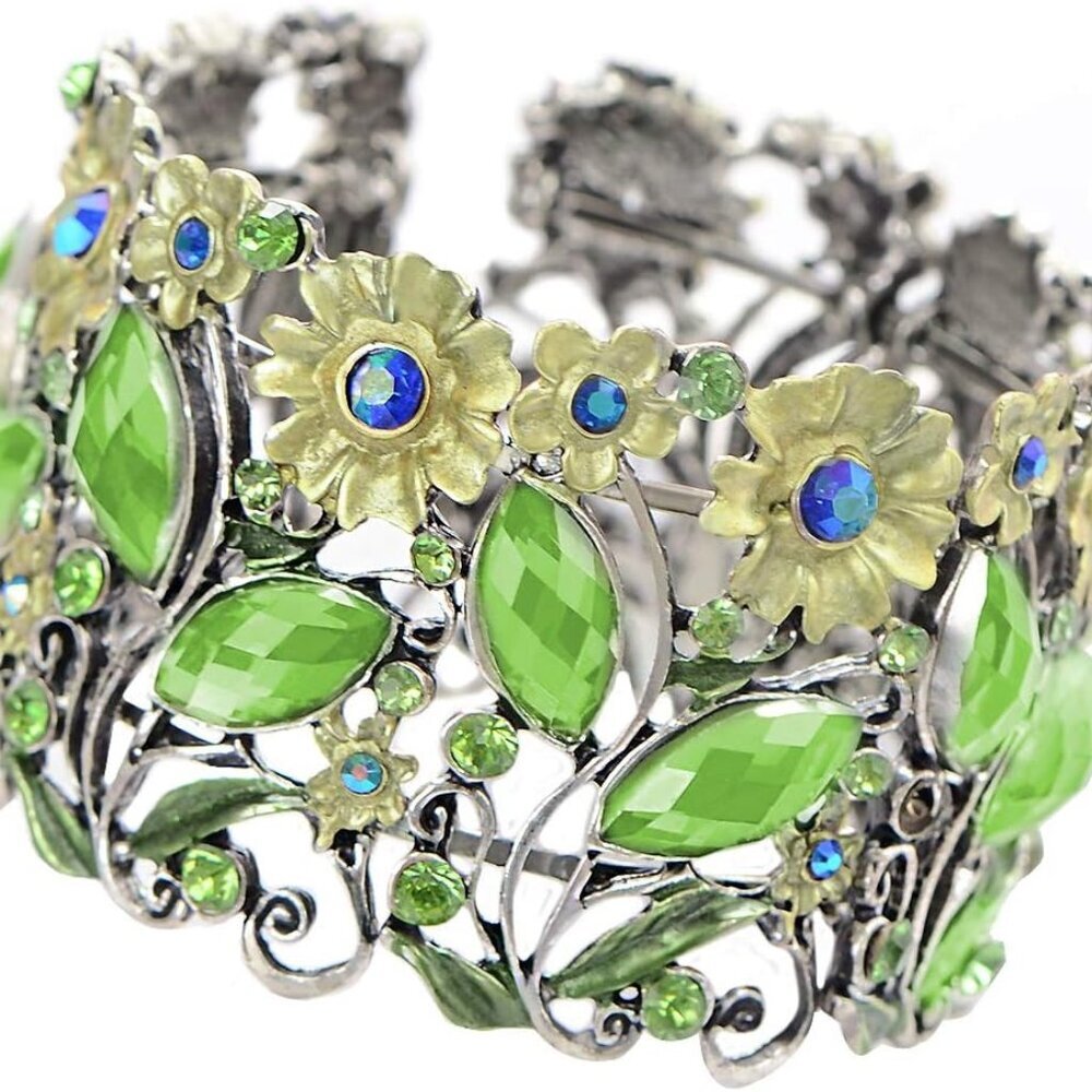 Antique Hollow Vintage Floral Topaz Crystal Rhinestone Flower Garden Bracelet Ba